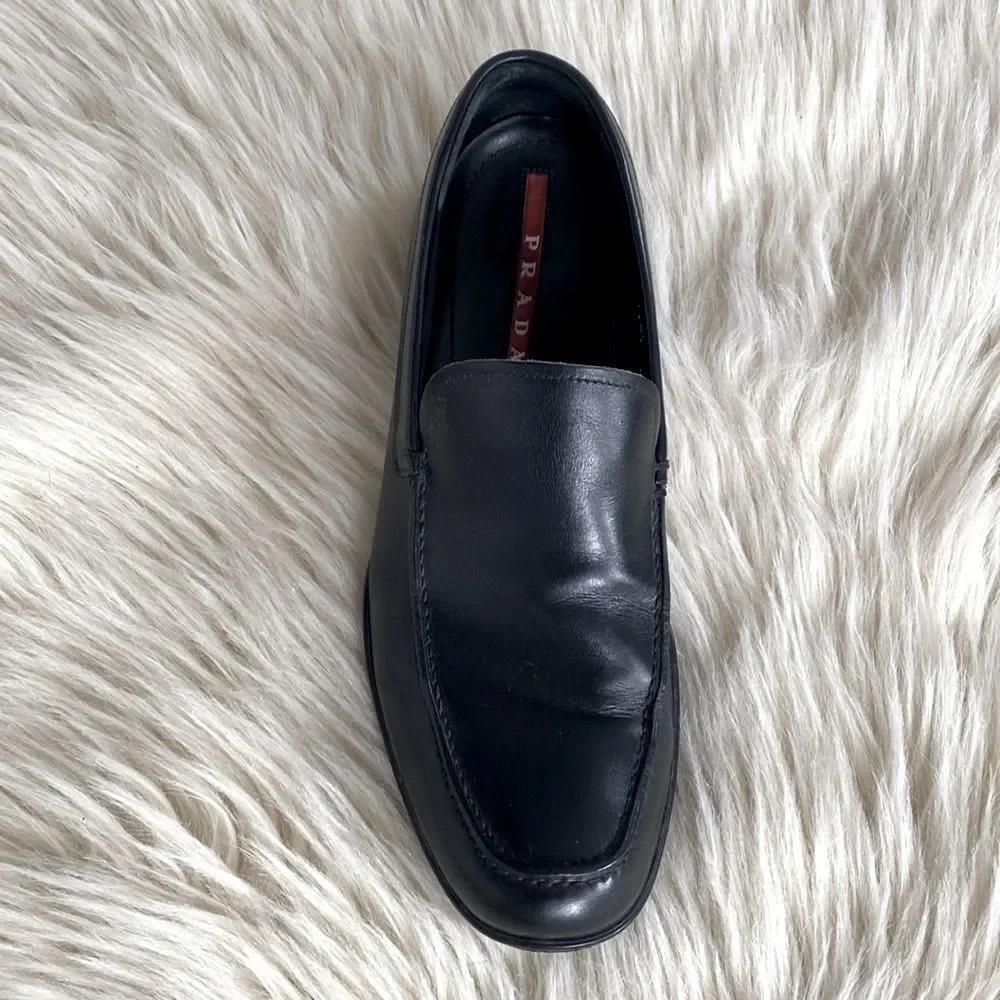 Prada Men's Black Smooth Leather Sports Loafers US Sz 7.5 Luxury Designer Sleek
